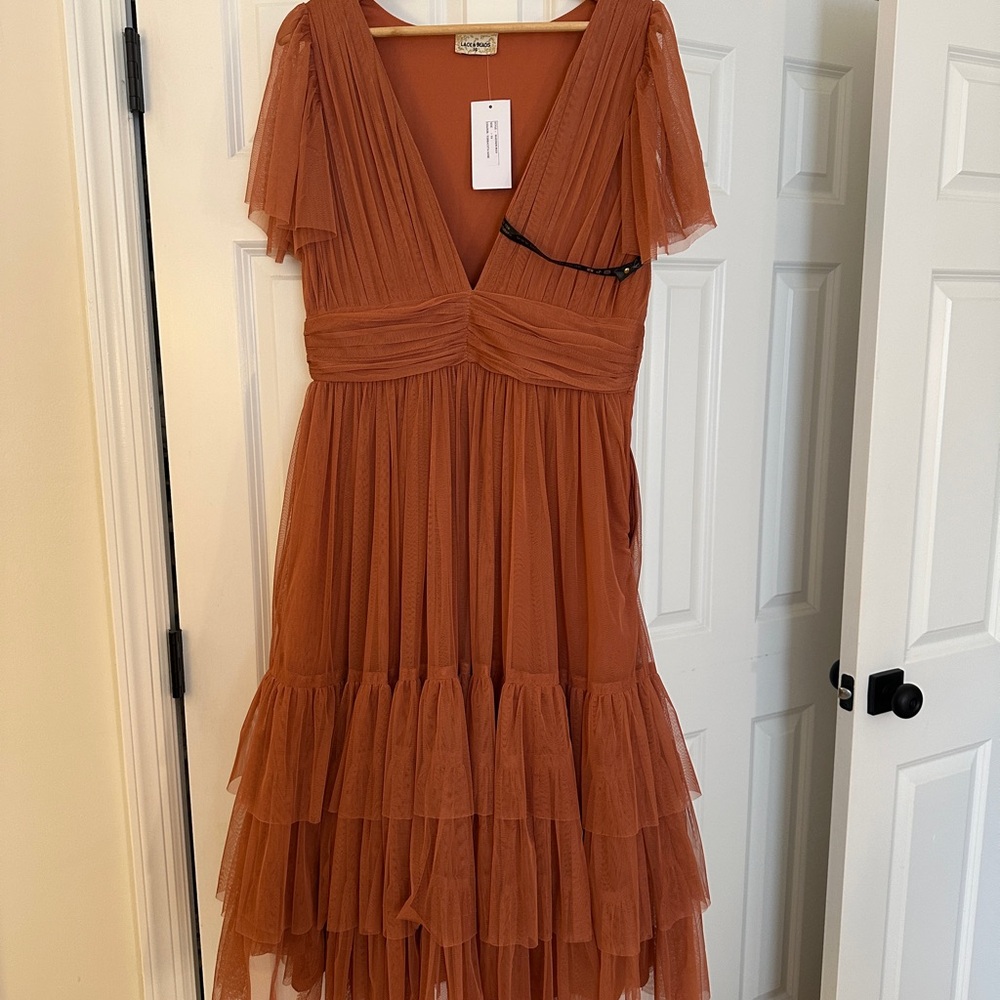 Lace & Beads Bridesmaid Madison Vneck tulle midi dress terracotta flutter sleeve